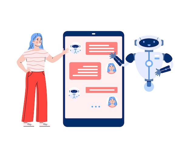 Chatbot service with woman interacting with bot illustration