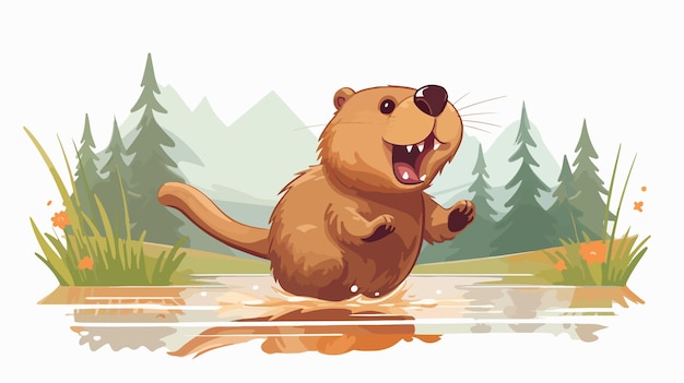 Vector cheerful beaver cartoon running with a smile