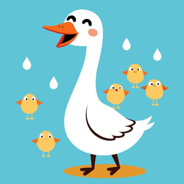 Vector a cheerful cartoon goose surrounded by small birds on a blue background