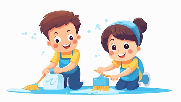 Vector cheerful children doing chores together