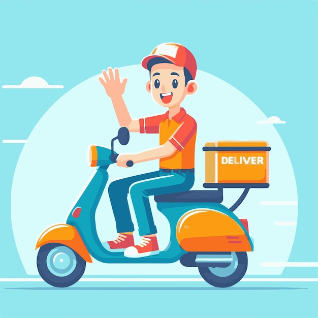 Vector cheerful delivery rider on a scootera playful vector cartoon illustration of food service