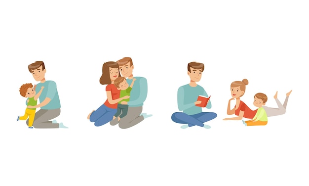 Vector cheerful parents nursing and playing with kids set happy parenting concept cartoon vector illustration