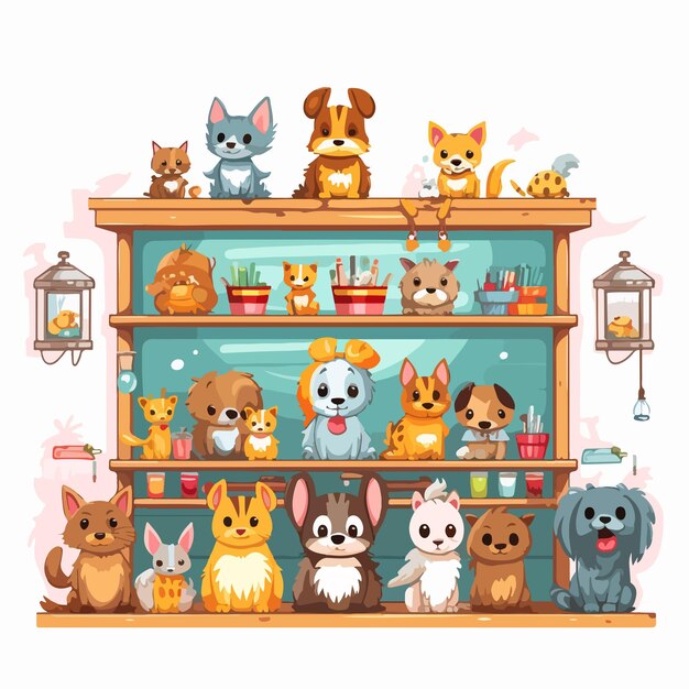 Vector cheerful pet shop with adorable pets vector illustration