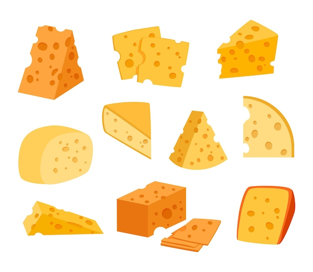 Cheese pieces Dairy products Cartoon bites of maasdam with hollows and holes Gouda slices Cow milk food set Isolated porous parts Gourmet snacks Vector natural delicious meal