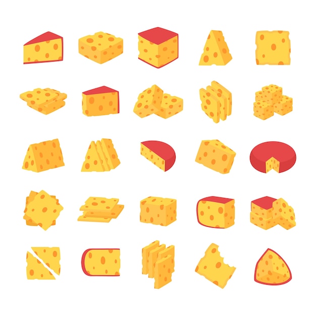 Cheese with various shapes of slices hand drawn vector isolated illustration