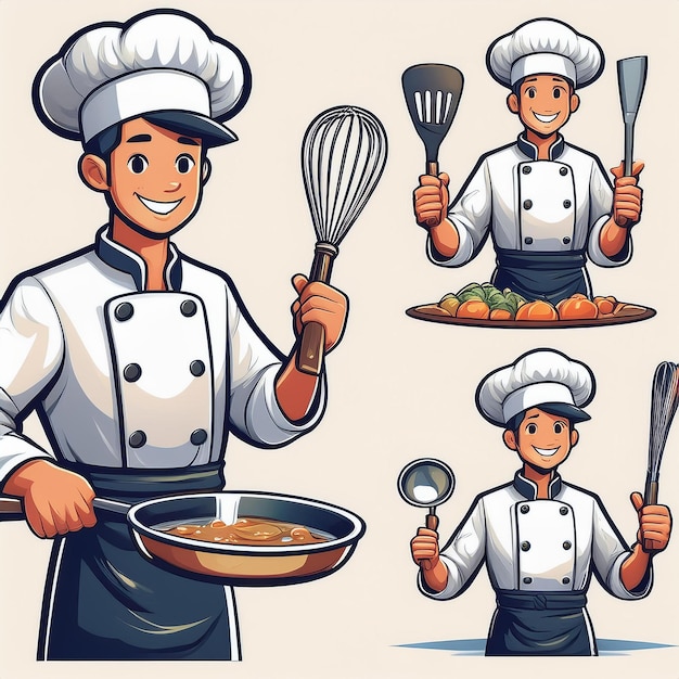 a chef with a pan of food and a pan of food