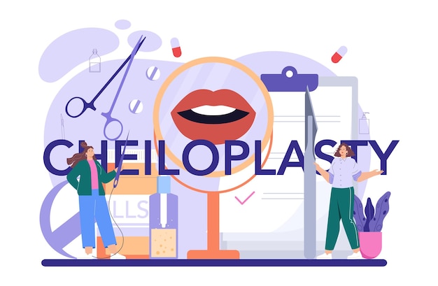 Cheiloplasty typographic header. Plastic surgery, idea of modern face aesthetic medicine. Lifting and anti-aging beauty procedure. Vector illustration in cartoon style