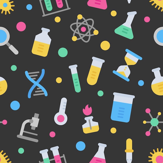 Chemistry science laboratory colorful vector seamless pattern on dark background