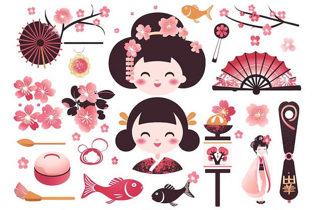 Vector cherry blossoms japanese doll set