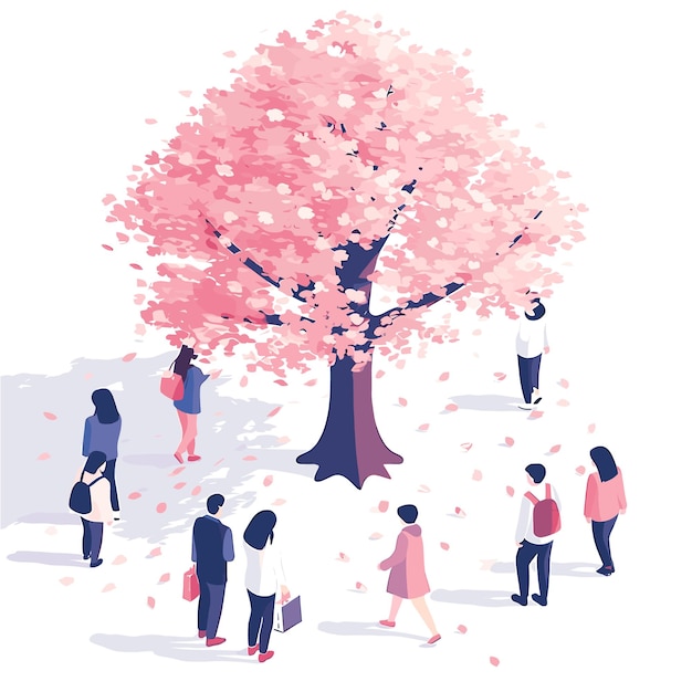 Vector cherry tree and people in minimalist isometric illustration