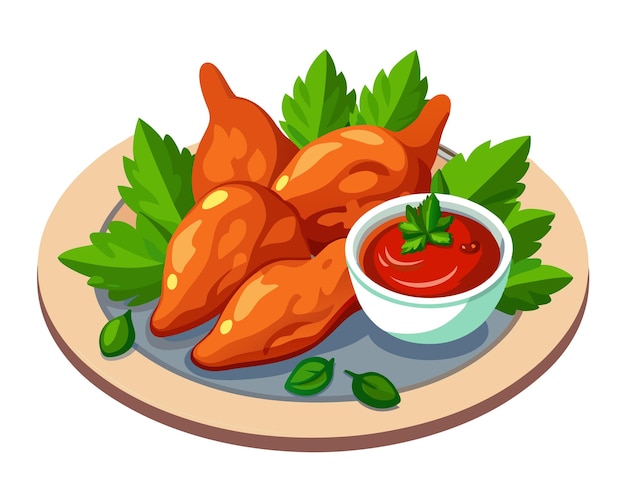 Vector chicken wings in the asian style and tomatoes sauce on plate in white background