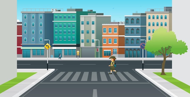 A child in boy scout clothes is crossing a crosswalk in the city