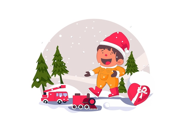 Child and Christmas Gift Merry Christmas Flat Vectors