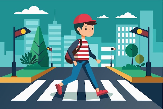 A child is crossing a pedestrian walkway in a vibrant urban setting during daytime Pedestrian crossing Customizable Flat Illustration