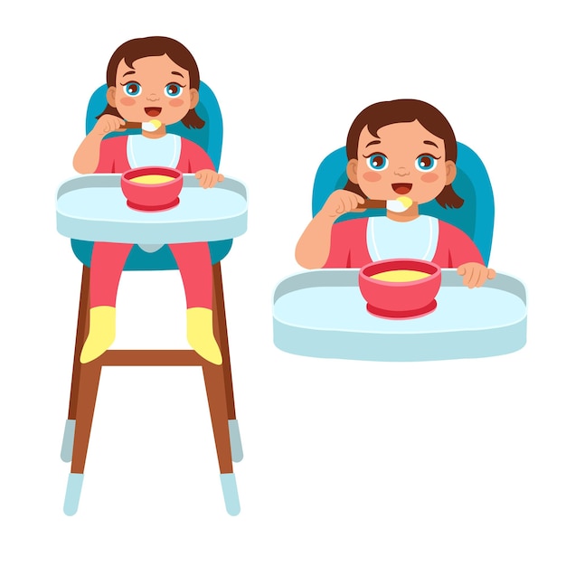 Child learning to eat with a spoon Feeding baby porridge sitting on a chair