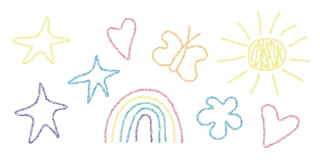 Vector child pencil texture drawing cute elements set childish doodle drawn rainbow stars hearts butterfly