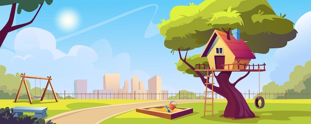 Vector child playground in city park background banner in cartoon design wooden house on tree with ladder sandbox with toys swing carousels bench and path cityscape backdrop vector cartoon illustration