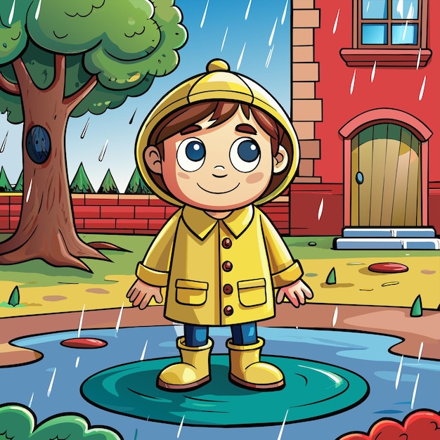 Vector a child in a raincoat stands in the rain