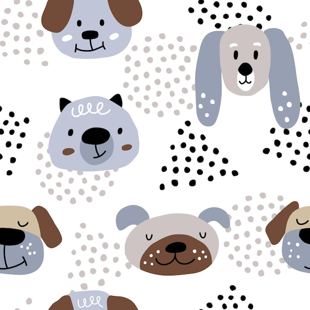 Childish seamless pattern, vector background. Funny Scandinavian print with funny creative dog faces