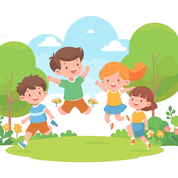 Vector children boy girl joyful jump in the park in the summer vector illustrations on white background