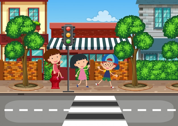 Vector children crossing the road