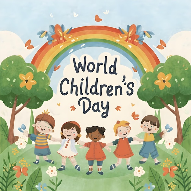 Vector children day concept with earth and trees