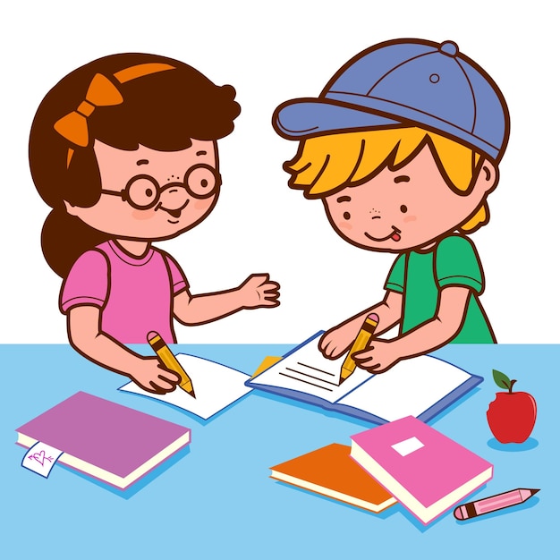 Vector children doing their homework on a desk students in the school classroom vector illustration