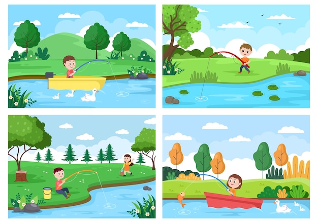 Children Fishing Fish Vector Illustration