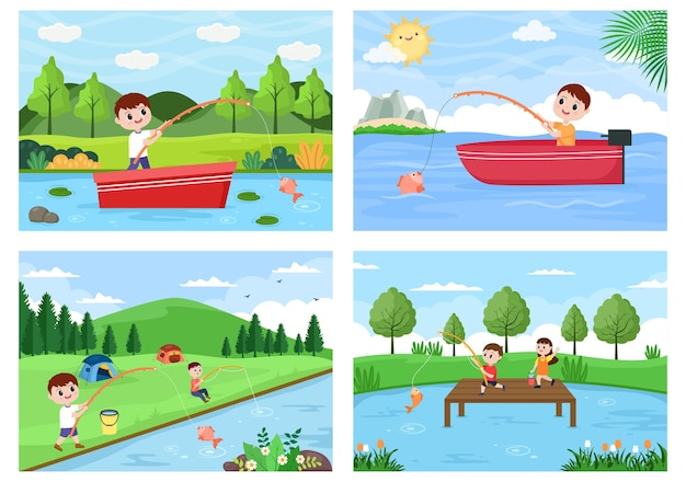 Children Fishing Fish Vector Illustration