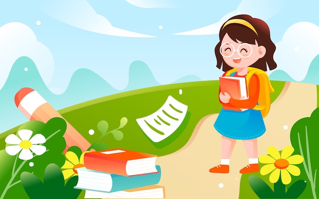 Children having fun going to school with books and pencils in the background, vector illustration