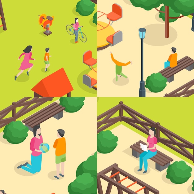 Vector children park concept banner set 3d isometric view vector