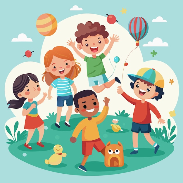 Vector children playing color vector clip art design