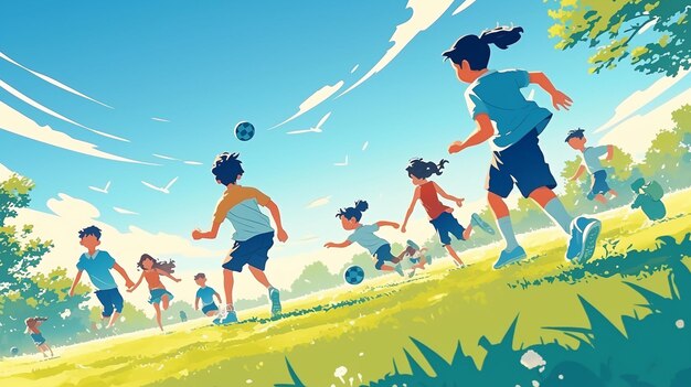 Vector children playing tag in a sunny park