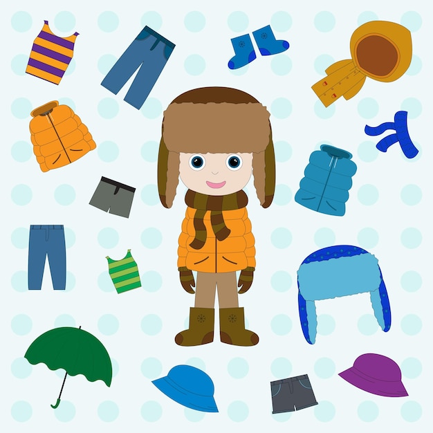 Vector children's seasonal clothes clothing season winter and spring cartoon children's seasonal winter