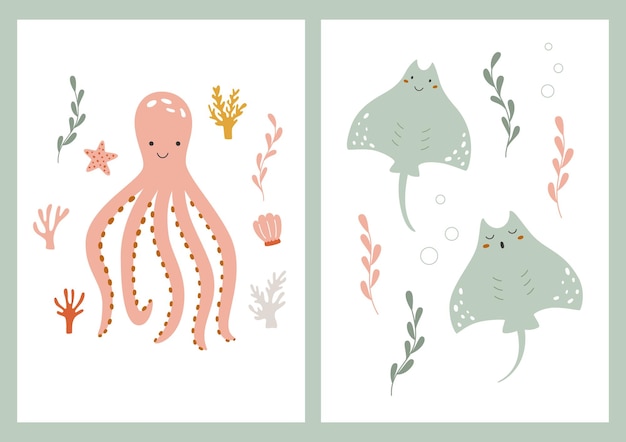 Children set posters with octopuses and stingrays. Vector illustration of flat with animal character