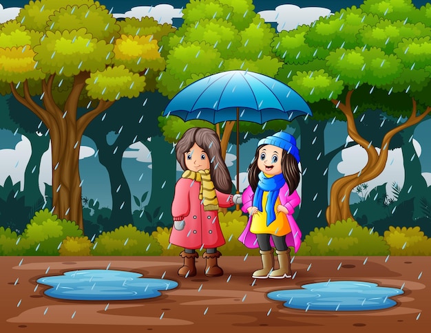 Children using umbrella under the rain