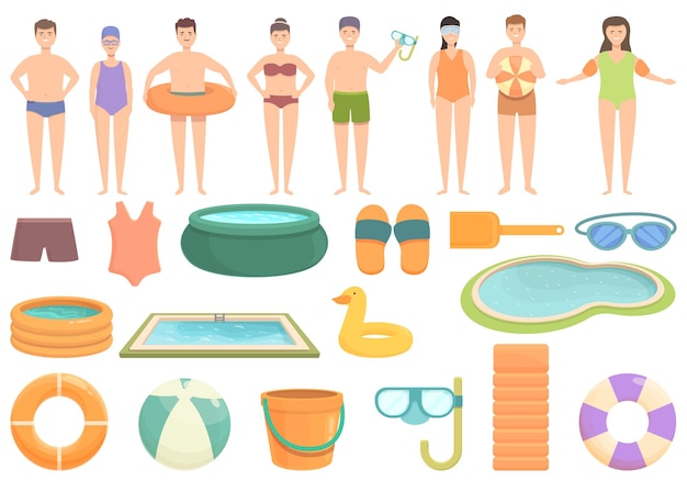 Childrens swimming pool icons set cartoon vector Activity swimwear