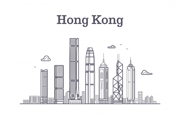 Vector china hong kong city skyline. architecture landmarks and buildings vector line panorama