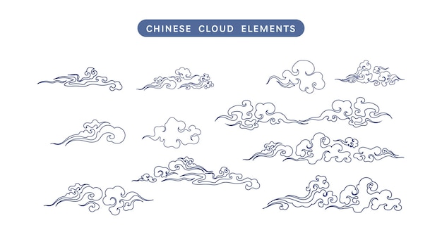 Vector chinese clouds line vector collection doodle ornament oriental elements for asian chinese new year card or mid autumn vintage sky art decorative illustration