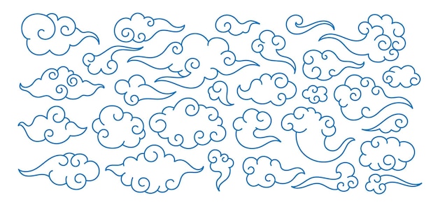 Vector chinese clouds traditional oriental cloudy element cartoon asian line clouds shape china decorative festive and holiday ornaments swirl blue cloud in sky doodle outline vector set