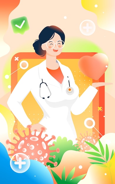 Chinese doctor's day, doctor with mask to treat flu virus, medicine and virus on background, vector