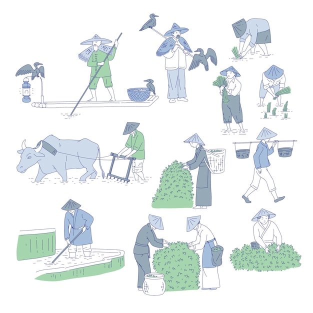 Vector chinese farmers and fishermen in traditional costumes.  line art set people plant rice, grow tea and go fishing. symbols of asian agricultural culture.