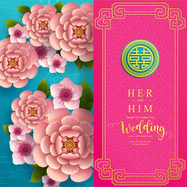 Vector chinese oriental wedding invitation card templates with beautiful patterned on paper color background.