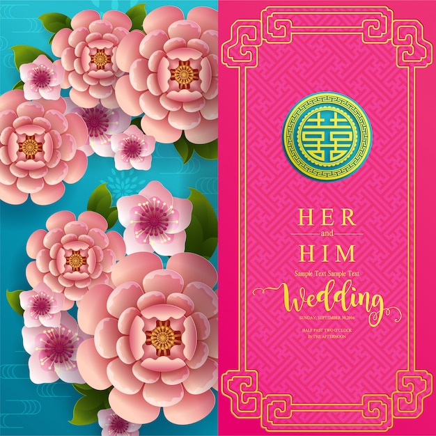 chinese oriental wedding Invitation card templates with beautiful patterned on paper color Background.