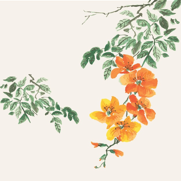 Vector chinese painting trumpet flower datura