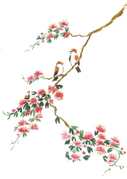 Vector chinese painting whitethroat birds on calliandra flowers branch