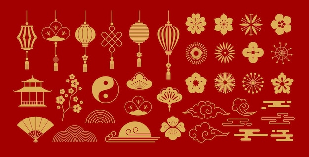 Vector chinese traditional ornaments asian lanterns cherry blossoms yin yang symbol lotus flowers pagoda and clouds oriental lantern and fan new year festive decorations vector golden silhouette set