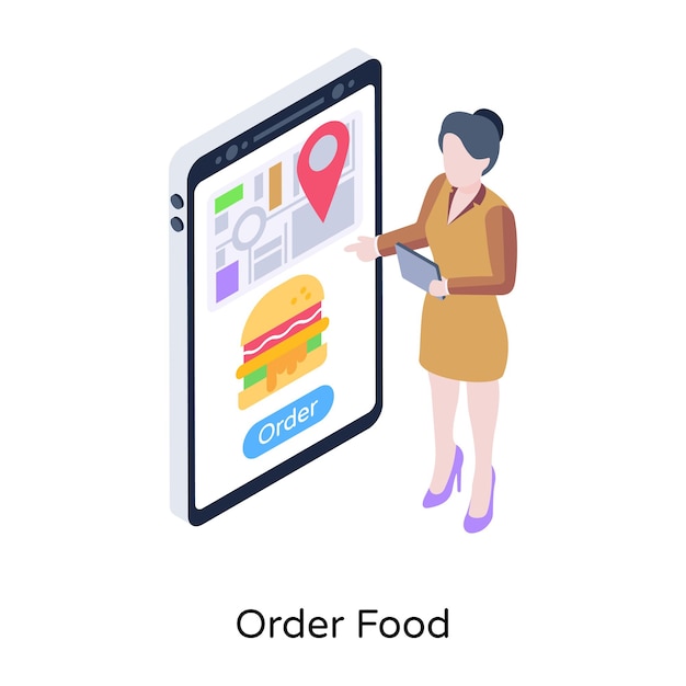 Vector choosing burger on smartphone isometric illustration of order food