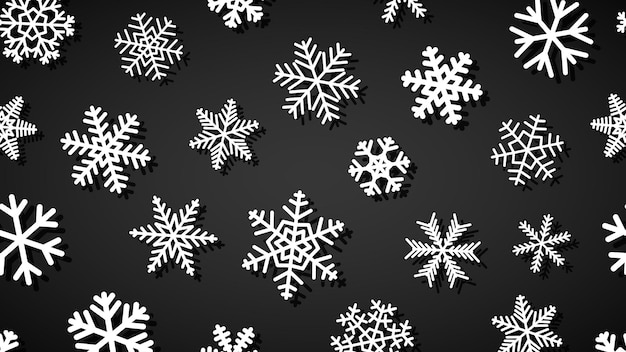 Christmas background of snowflakes of different shapes and sizes with shadows White on black