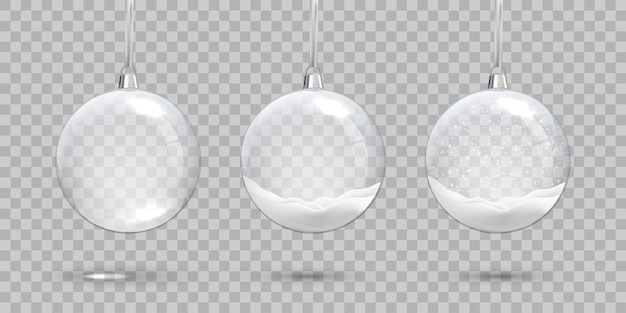 Christmas ball set Empty glass transparent ball and balls with snow on transparent background